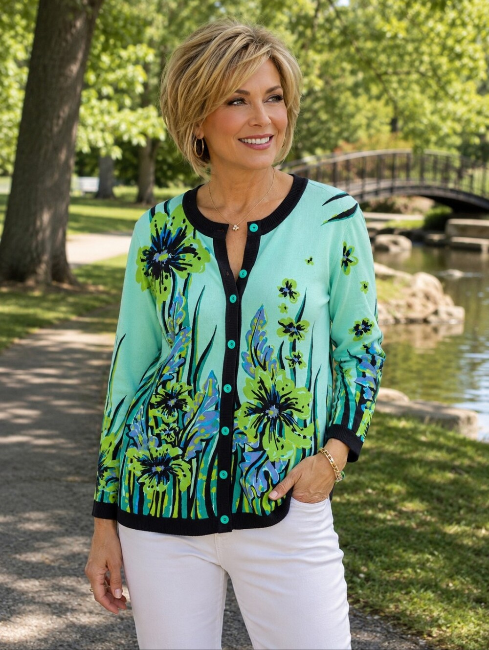 Bob Mackie Wearable Art Floral Cardigan Sweater Women’s Mint Green Button Front